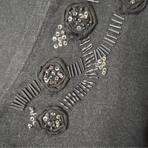 Adrienne Vittadini Silk Blend V-Neck Beaded Button Down Cardigan Sweater - Picture 6 of 7